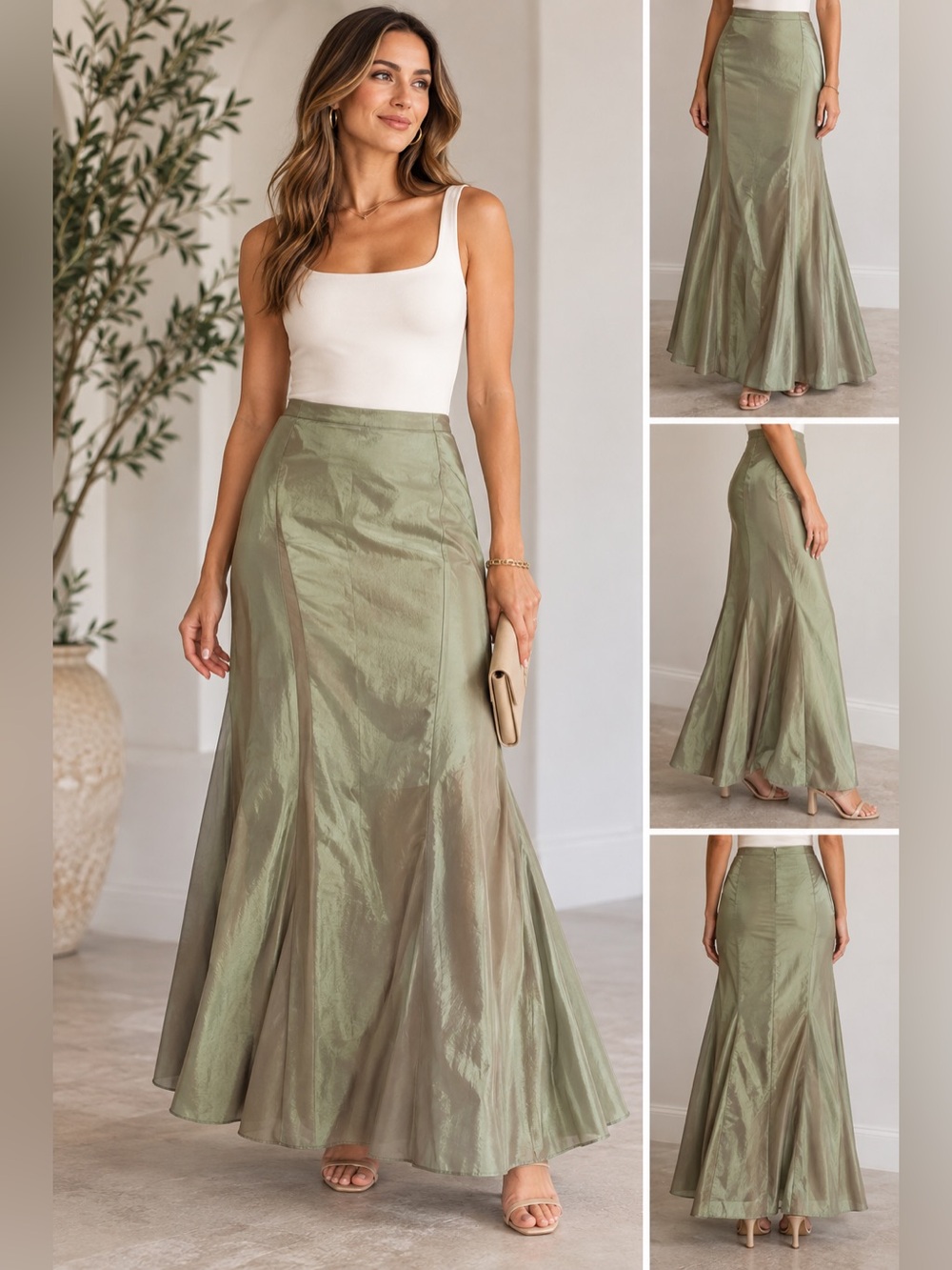 Olive Green Satin Maxi Skirt with Flared Panels iridescent mermaid